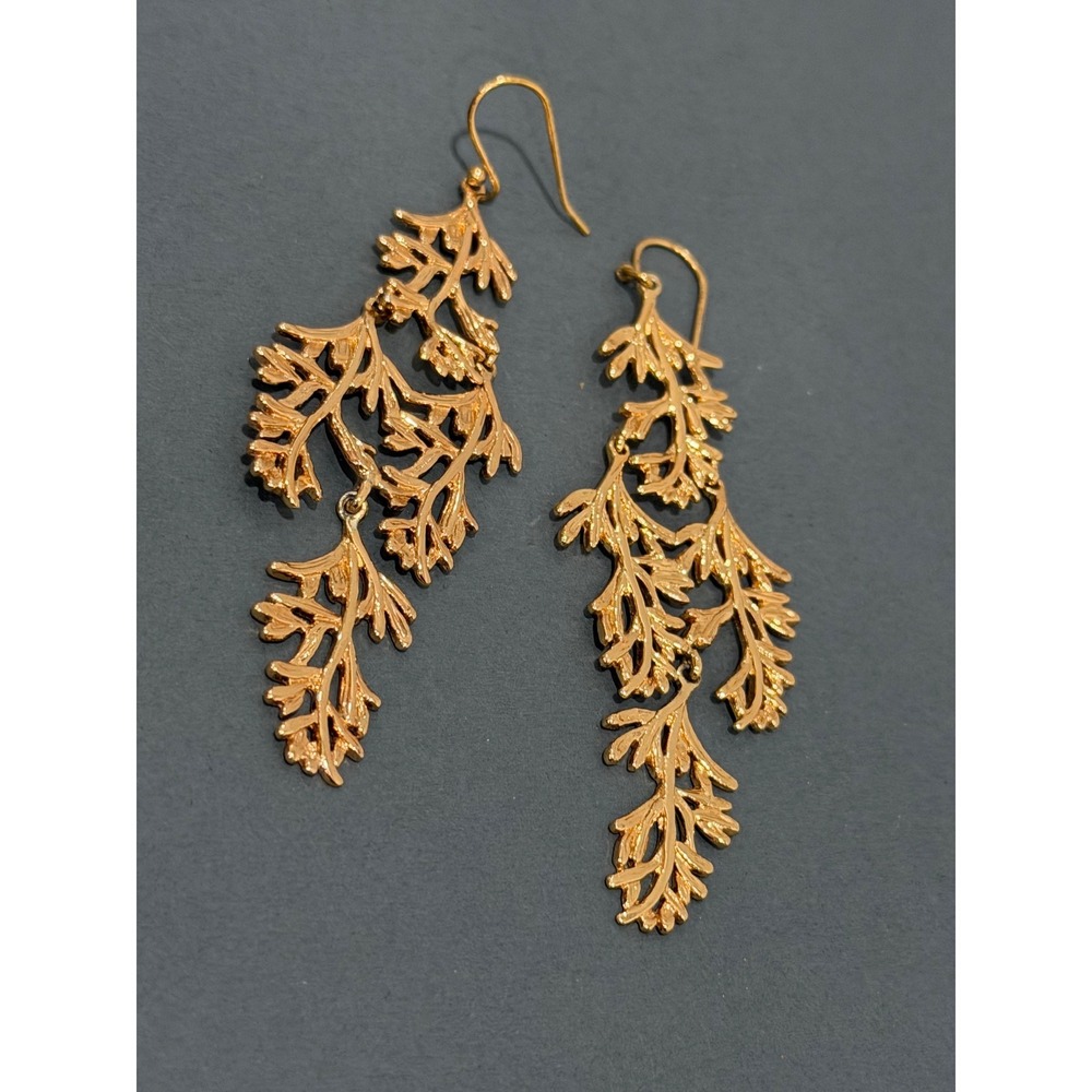 Branch Leaf Dangle Drop Earrings Textured Gold Tone Botanical Tiered Leaf